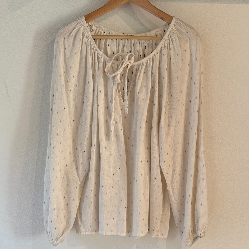 Dylan Boho Pheasant 100% Cotton Tie Neck Cream Blouse, Delicate Dots, Size L